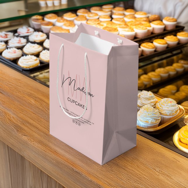 Baker Custom Monogram Logo Pink Paper Bag Mittlere Geschenktüte (Bakery Custom Monogram Logo Pink Paper Bag)