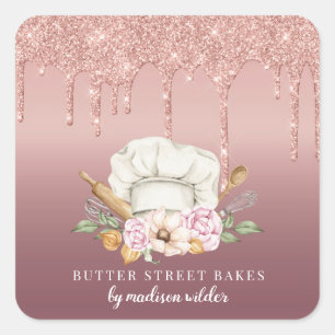 Baker Pastry Koch Rose Gold Glitzer Tropfen Produk Quadratischer Aufkleber