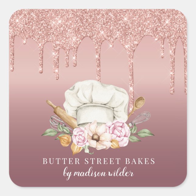 Baker Pastry Koch Rose Gold Glitzer Tropfen Produk Quadratischer Aufkleber (Vorderseite)