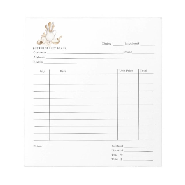 Bakers Tools Dessert Cater Invoice Pad Notizblock (Vorderseite)
