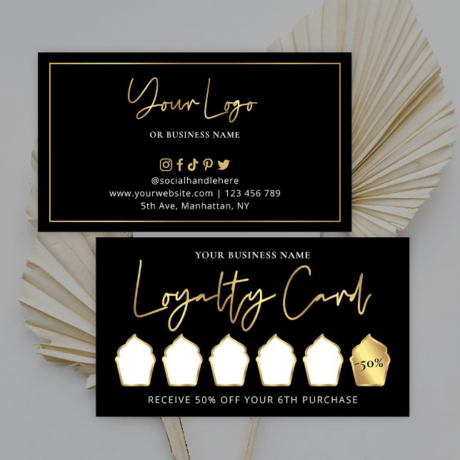 Bakery Black & Gold Logo Lux Modernes Cupcake Café Treuekarte (Glam black and gold cupcake loyalty cards, great for bakers, coffee shop or pastry chefs)