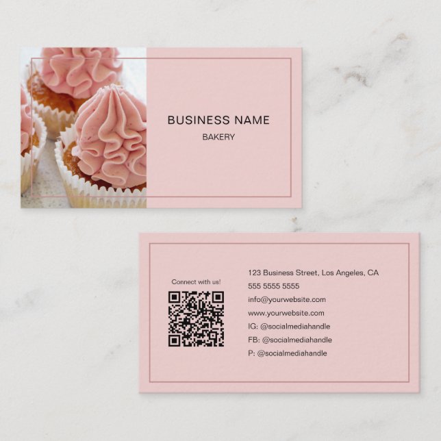 Bakery Custom Foto QR Code Minimal rosa Visitenkarte (Vorne/Hinten)