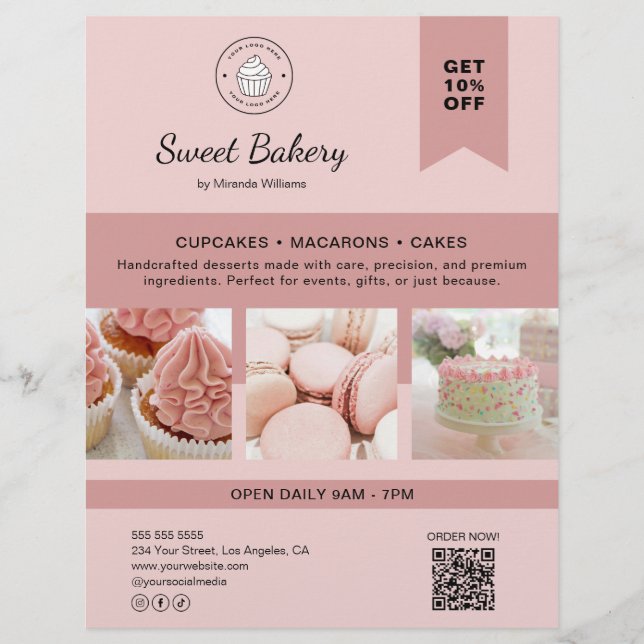 Bakery Custom Logo Photo QR Code Pink Flyer (Vorne)