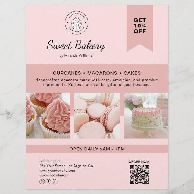 Bakery Custom Logo Photo QR Code Pink Flyer (Vorne)