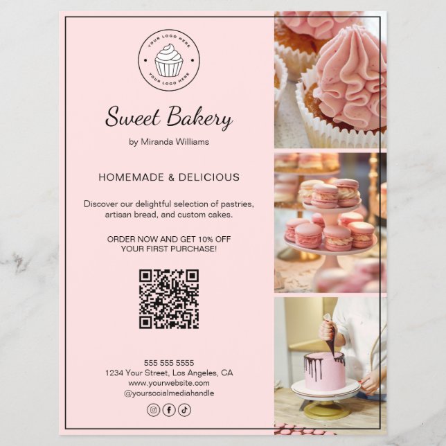 Bakery Custom Logo Photo QR Code Pink Flyer (Vorne)