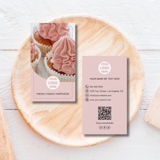 Bakery Custom Photo Logo QR Pink Business Card Visitenkarte (Bakery Custom Photo Logo QR Pink Business Card)