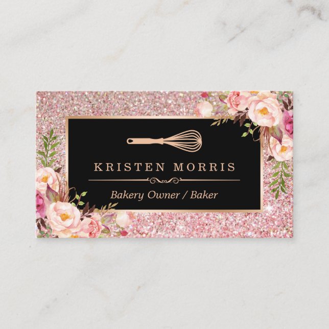 Bakery Koch Whisky Logo | Floral Rose Gold Glitzer Visitenkarte (Vorderseite)