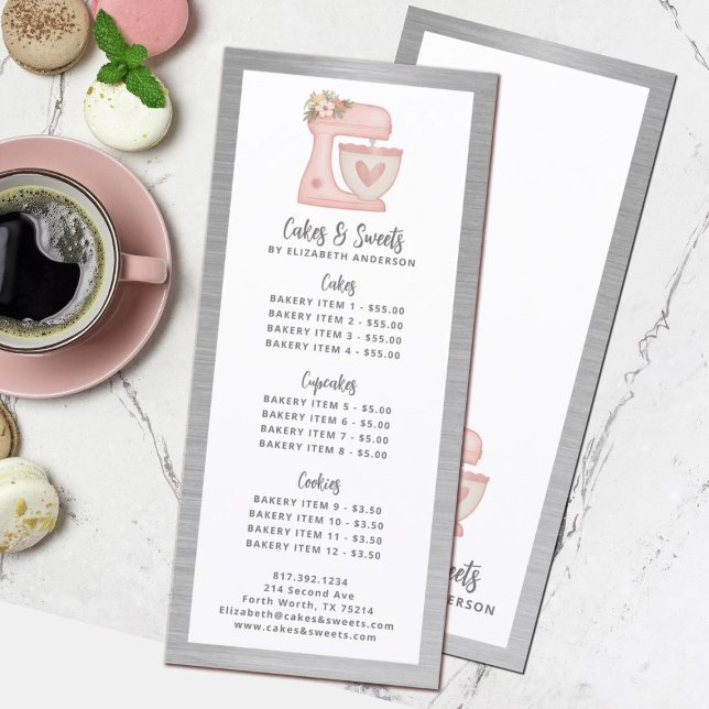 Bakery Pastry Chef Dessert Menu Price List Menükarte (A cute pink mixer bakery pricing list card. Personalize it with your bakery info.)