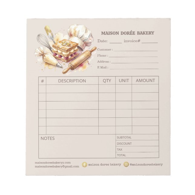 Bakery Pastry Chef Invoice Sale Order Form Receipt Notizblock (Vorderseite)