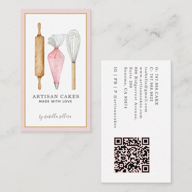 Bakery Pastry Chef Watercolor Utensils QR Code Visitenkarte (Vorne/Hinten)