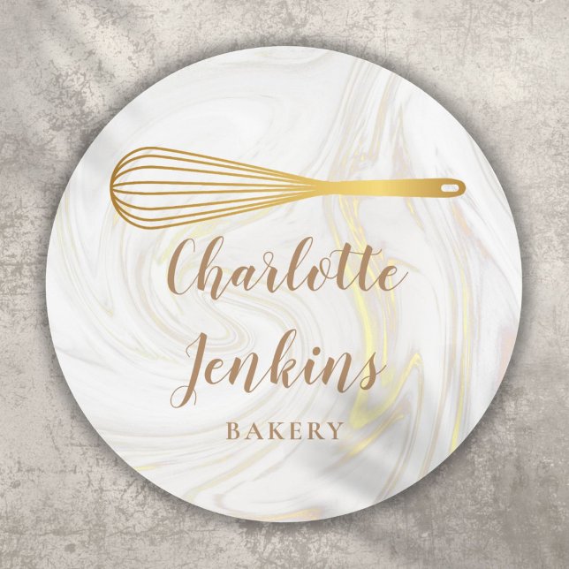 Bakery Patisserie Marble Swirls Gold Whisk  Runder Aufkleber (Bakery Patisserie Marble Swirls Gold Whisk Classic Round Sticker)