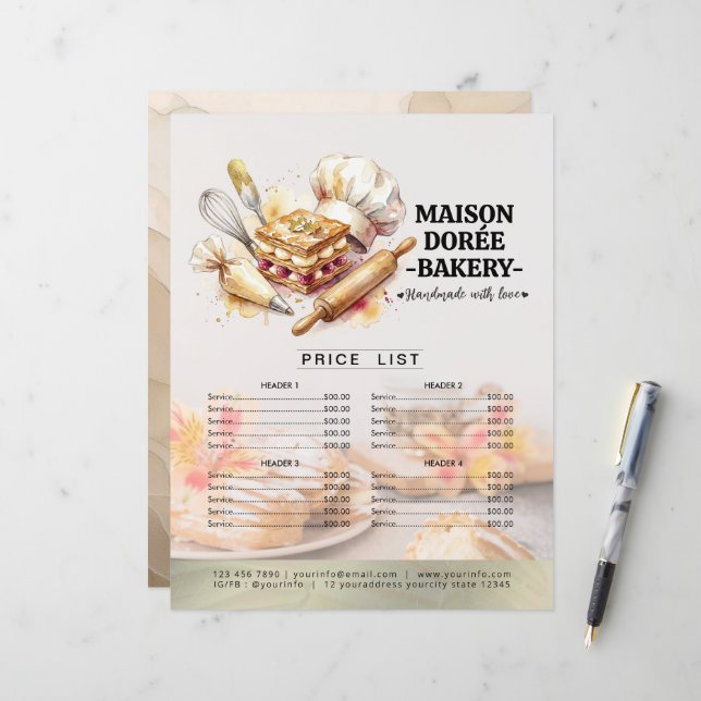 Bakery Store Pastry Chef Menu Price List Pay Here (Vorderseite/Rückseite Beispiel)