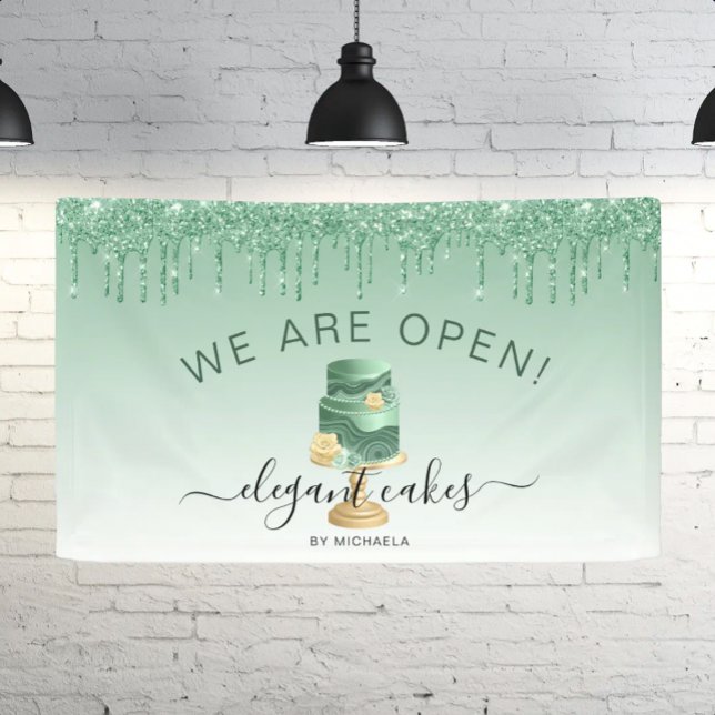 Bakery We Are Open Glitter Drip Green Cake Banner (Von Creator hochgeladen)