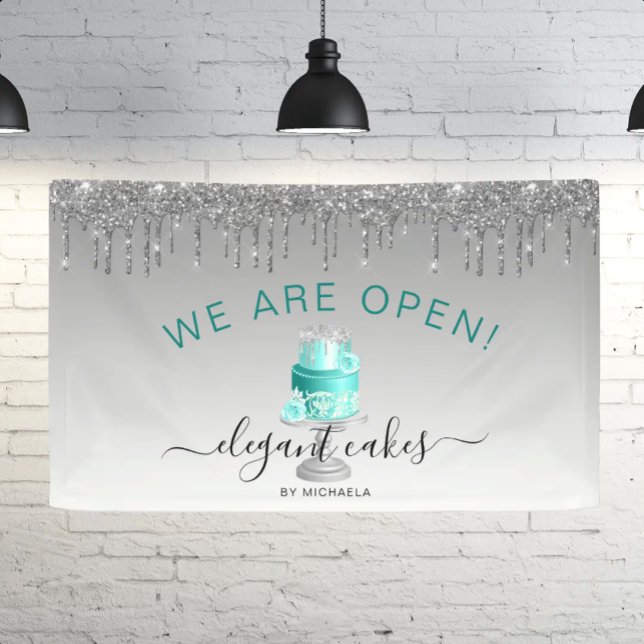 Bakery We Are Open Glitter Drip Turquoise Cake Banner (Von Creator hochgeladen)