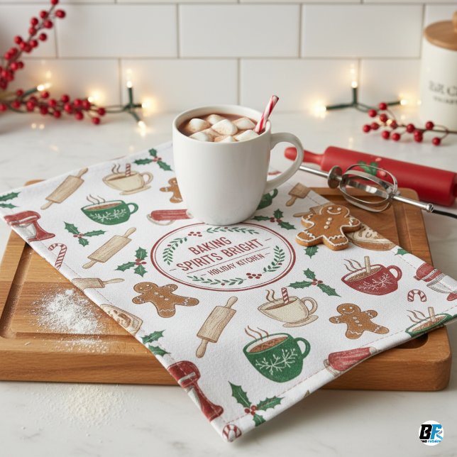 Baking Spirits Bright- Vintage Weihnachtstee Geschirrtuch (Kitchen Towel)