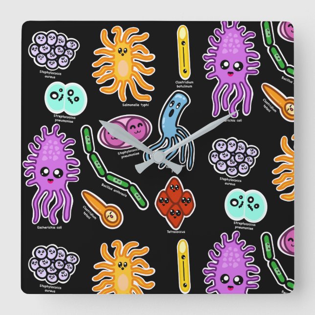 Bakterienarten Quadratische Wanduhr (Vorderseite)