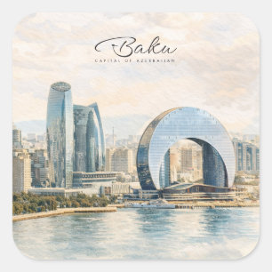 Baku Aserbaidschan Hauptstadt Aquarell Reise Gesch Quadratischer Aufkleber