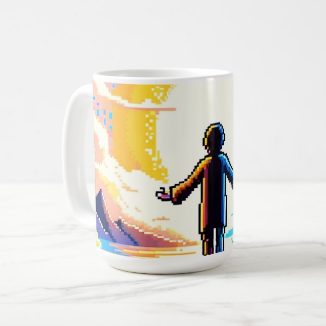 Balance of Worlds - Futuristische Pixel Art Tech Kaffeetasse (Vorderseite Links)