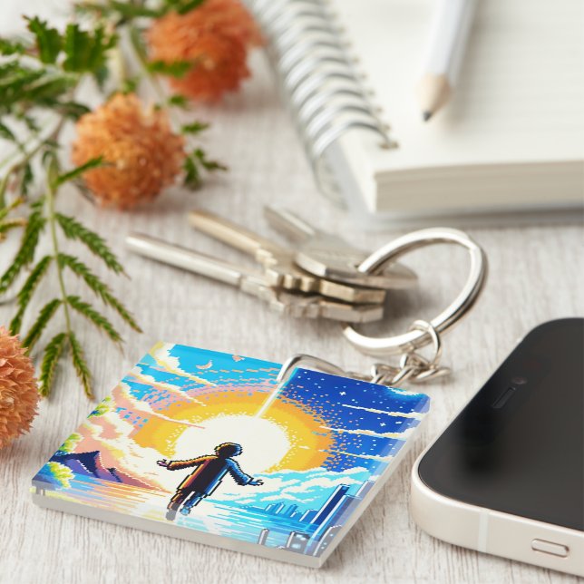 Balance of Worlds - Futuristische Pixel Art Tech Schlüsselanhänger (Vorderseite rechts)