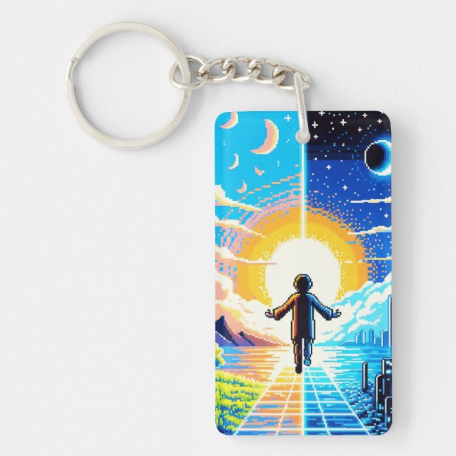 Balance of Worlds - Futuristische Pixel Art Tech Schlüsselanhänger (Vorderseite)