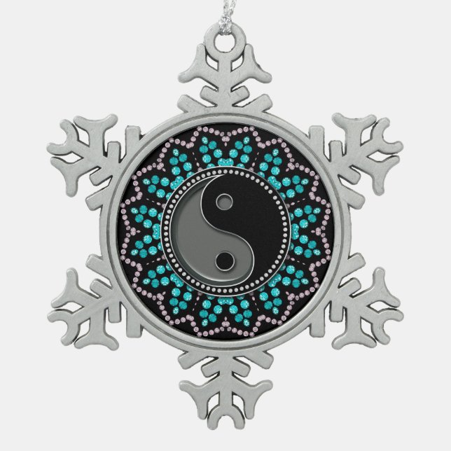 Balance YinYang Aqua Schwarzes Zeitalter Sparkasse Schneeflocken Zinn-Ornament (Vorderseite)
