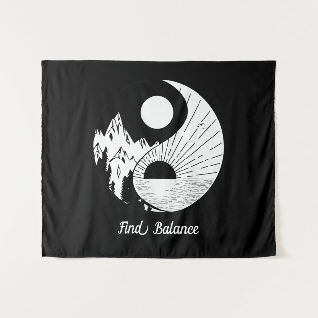 Balance Zen Yin Yang Schwarz-weiß Wandteppich (Vorderseite (Horizontal))
