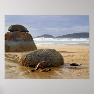 Balanced Rocks and Driftwood on Australian Beach Poster