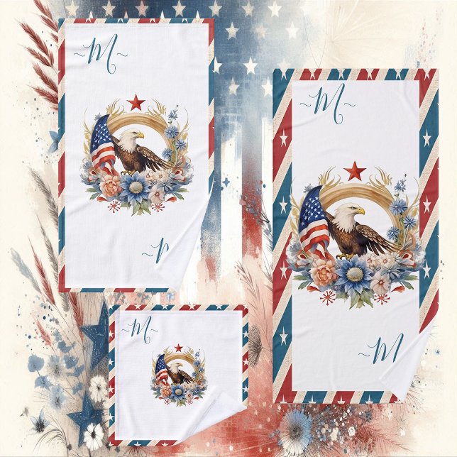 Bald-Adler-Amerikanischer Flaggenstern und Streife Badhandtuch Set (Bald Eagle American Flag Star and Stripes Monogram Bath Towel Set)