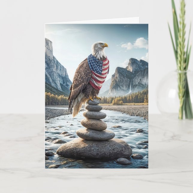 Bald Adler auf Cairn mit amerikanischer Flagge Karte (Vorderseite)