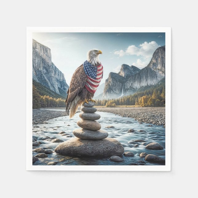 Bald Adler auf Cairn mit amerikanischer Flagge Serviette (Vorderseite)