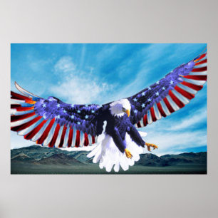 Bald-Adler fliegt mit amerikanischer Flagge am Him Poster