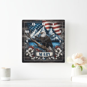 Bald Adler mit amerikanischem Flaggenhintergrund Quadratische Wanduhr