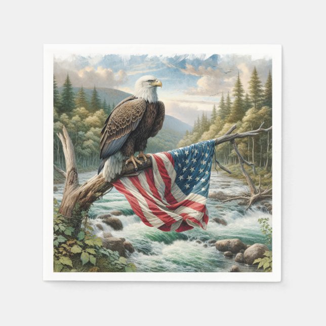 Bald-Adler mit amerikanischer Flagge auf Baumzweig Serviette (Vorderseite)