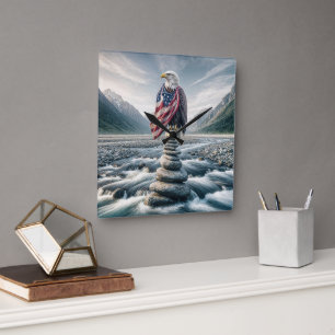 Bald-Adler mit amerikanischer Flagge auf Cairn Quadratische Wanduhr