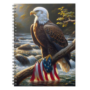 Bald-Adler mit amerikanischer Flagge auf einer Zwe Notizblock