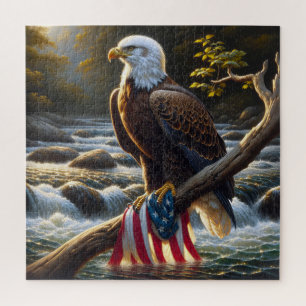 Bald-Adler mit amerikanischer Flagge auf einer Zwe Puzzle