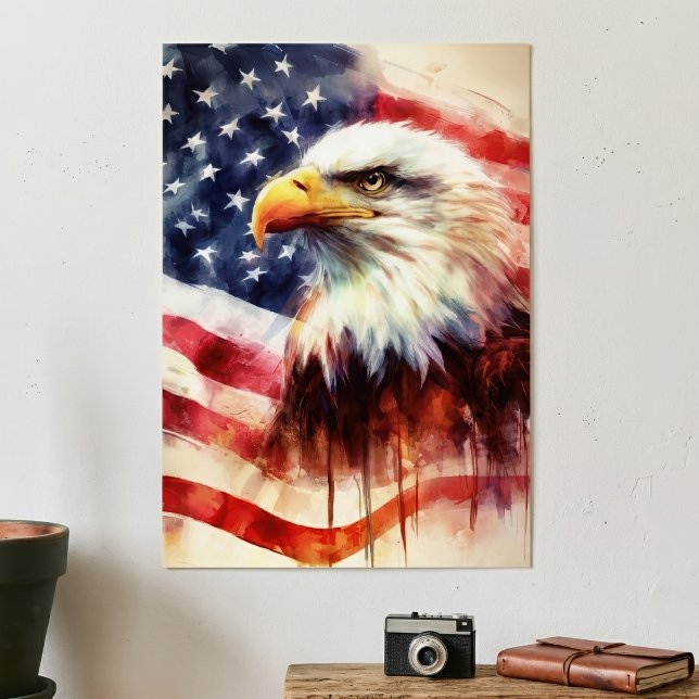 Bald-Adler mit USA-Flagge Poster (Majestic Bald Eagle Portrait with American Flag. Poster)