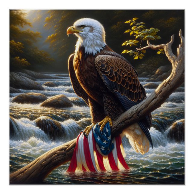 Bald Adler und Amerikanische Flagge auf einer Baum Poster (Vorderseite)
