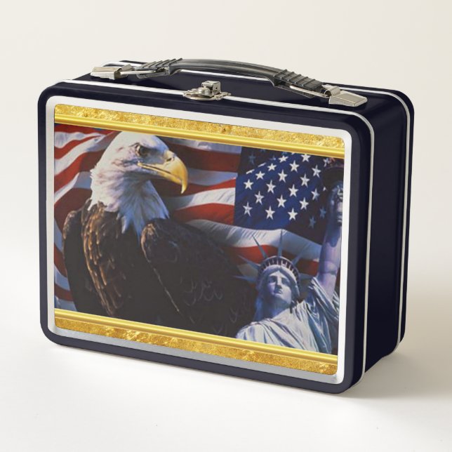 Bald Eagle an Statue der Freiheit und der amerikan Metall Lunch Box (Vorderseite)