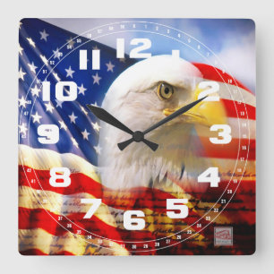 Bald Eagle and The American Flag Square Wall Clock Quadratische Wanduhr