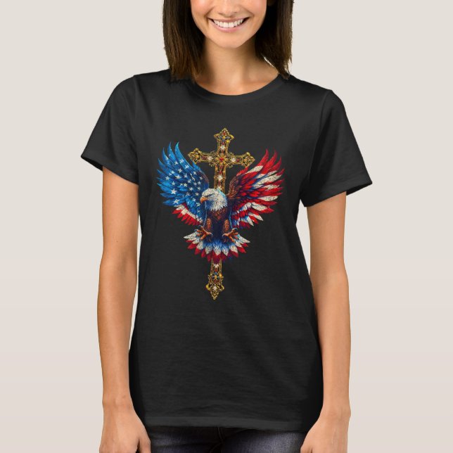 Bald Eagle Christlich Faith Ctoss Usa Flag Patriot T-Shirt (Vorderseite)