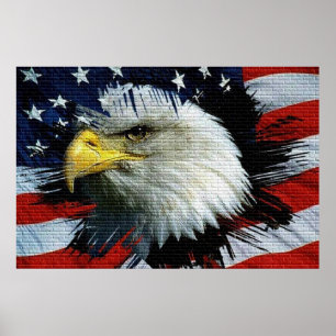 Bald Eagle Kopf mit amerikanischer Flagge hinter i Poster