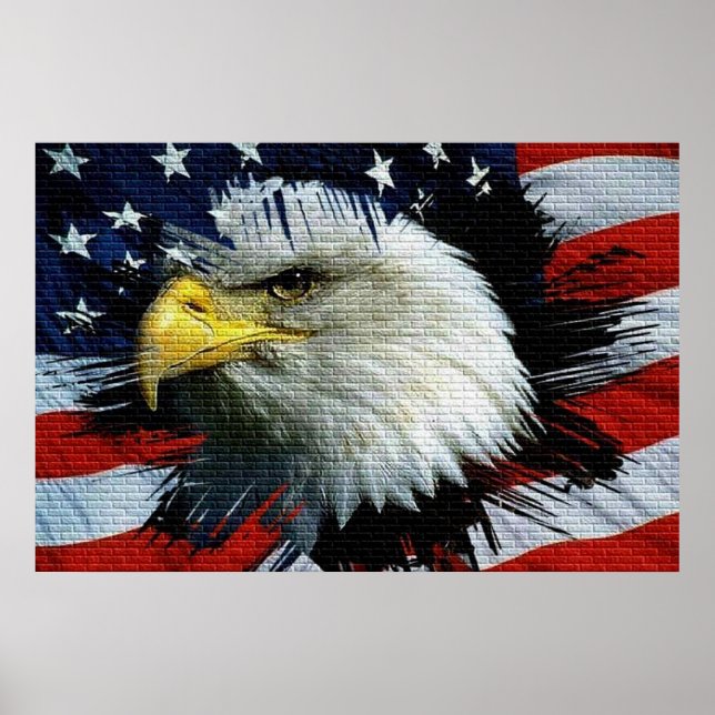 Bald Eagle Kopf mit amerikanischer Flagge hinter i Poster (Vorne)