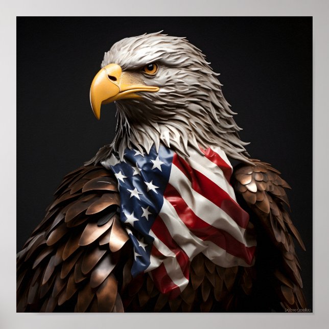 Bald Eagle Metallskulptur mit amerikanischer Flagg Poster (Vorne)