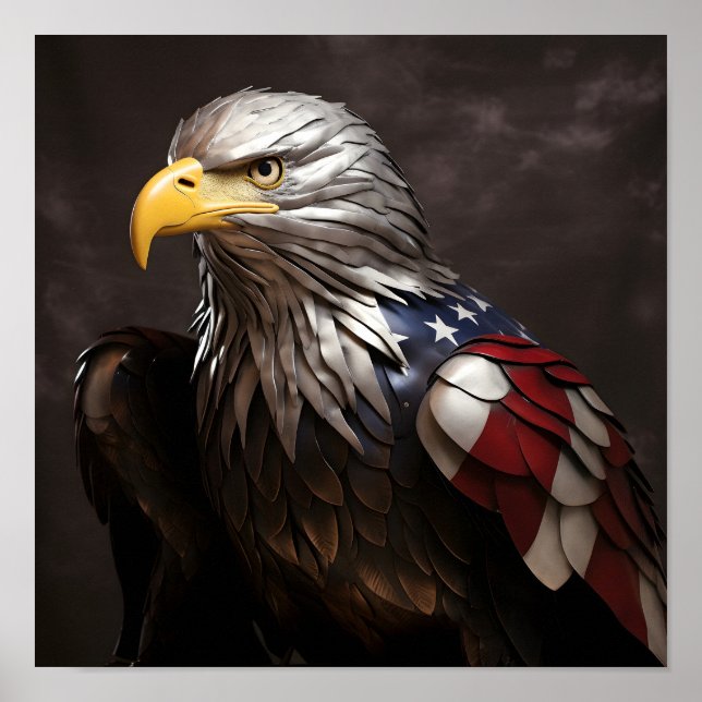 Bald Eagle Metallskulptur mit amerikanischer Flagg Poster (Vorne)