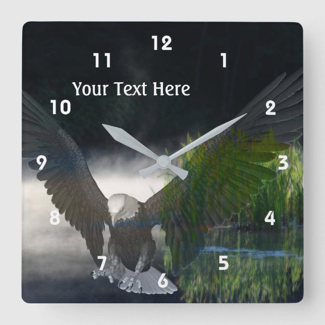 Bald Eagle Misty Pond Fantasy Quadratische Wanduhr (Vorderseite)