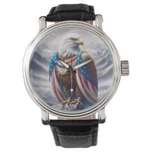 Bald Eagle mit einer amerikanischen Tränenflagge Armbanduhr