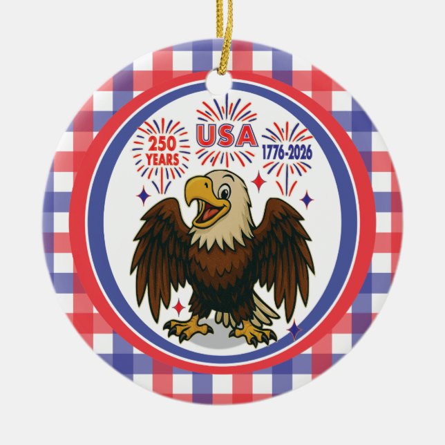Bald Eagle mit Fireworks- USA 250 Years 1776-2026 Keramik Ornament (Vorne)