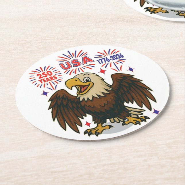 Bald Eagle mit Fireworks- USA 250 Years 1776-2026 Runder Pappuntersetzer (Angewinkelt)