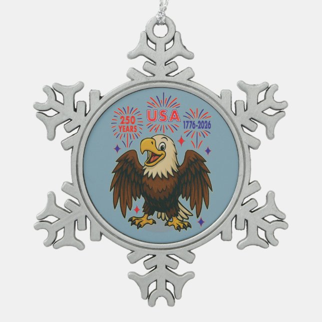 Bald Eagle mit Fireworks- USA 250 Years 1776-2026 Schneeflocken Zinn-Ornament (Vorderseite)
